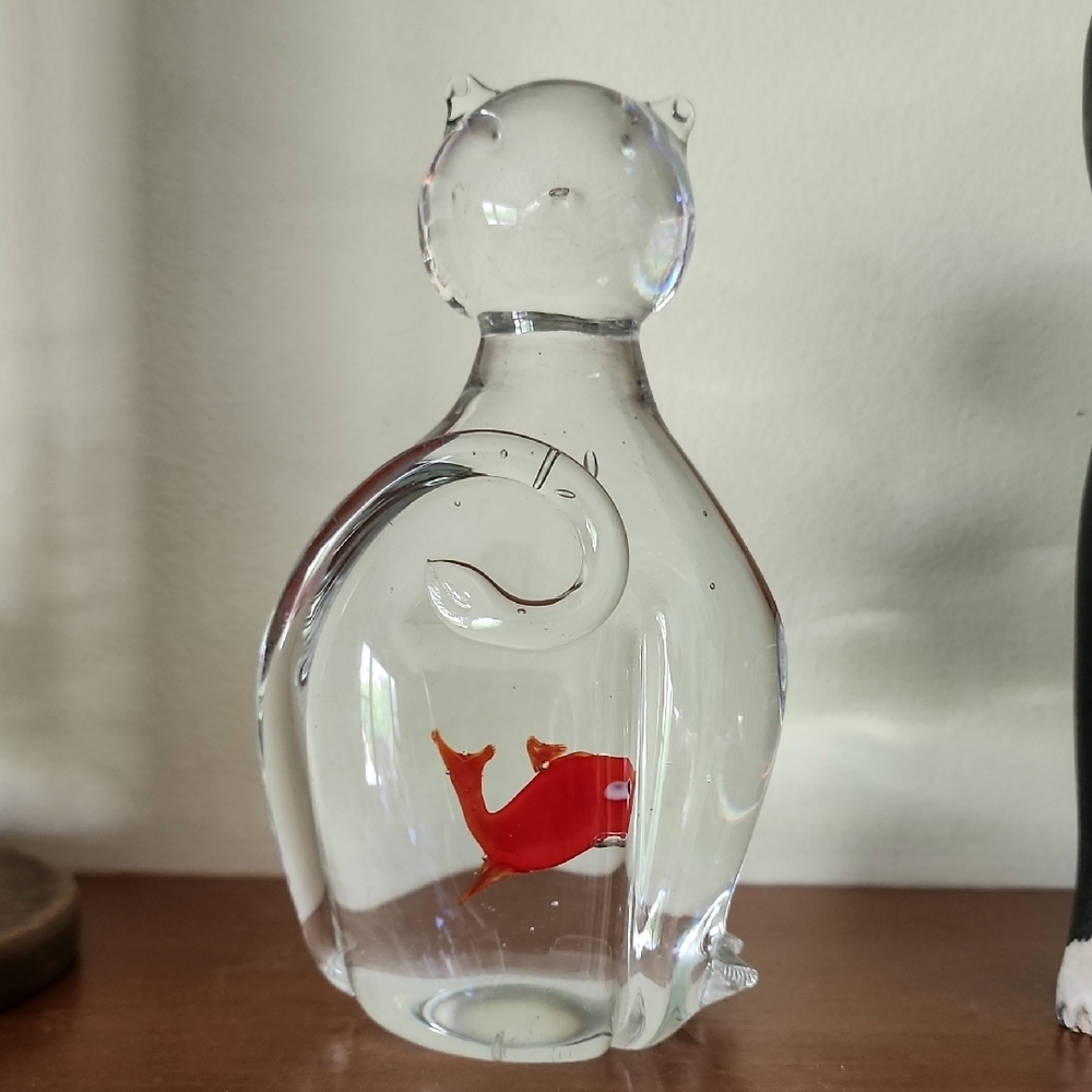 Vintage Solid Glass Cat Paper Weight With Fish Possibly Merano Glass?